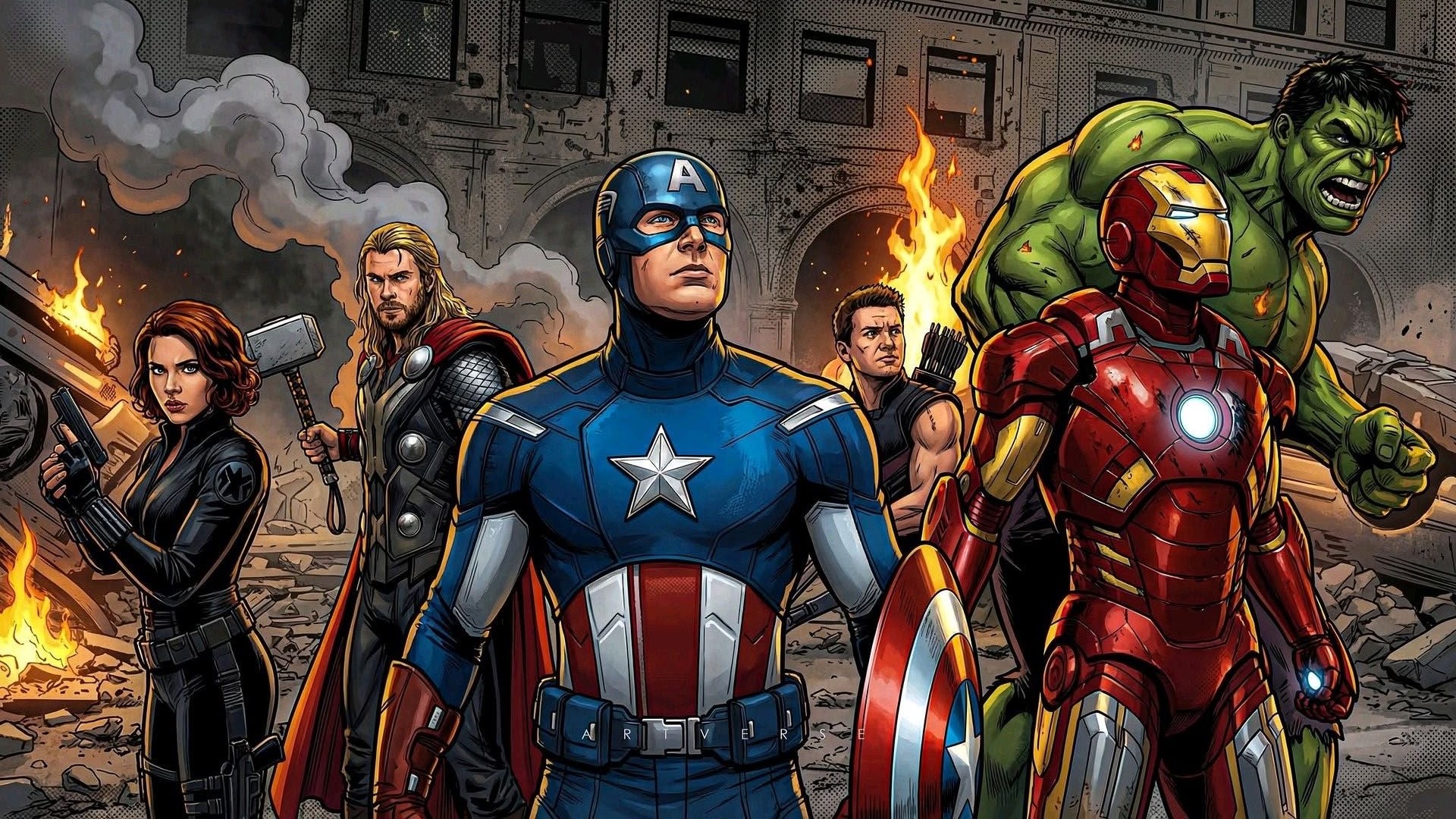 Comic-style superhero collection artwork
